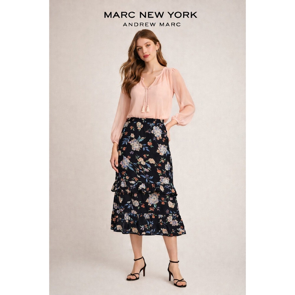 Marc New York Andrew Marc Black Floral Tiered Midi Skirt XL NWT